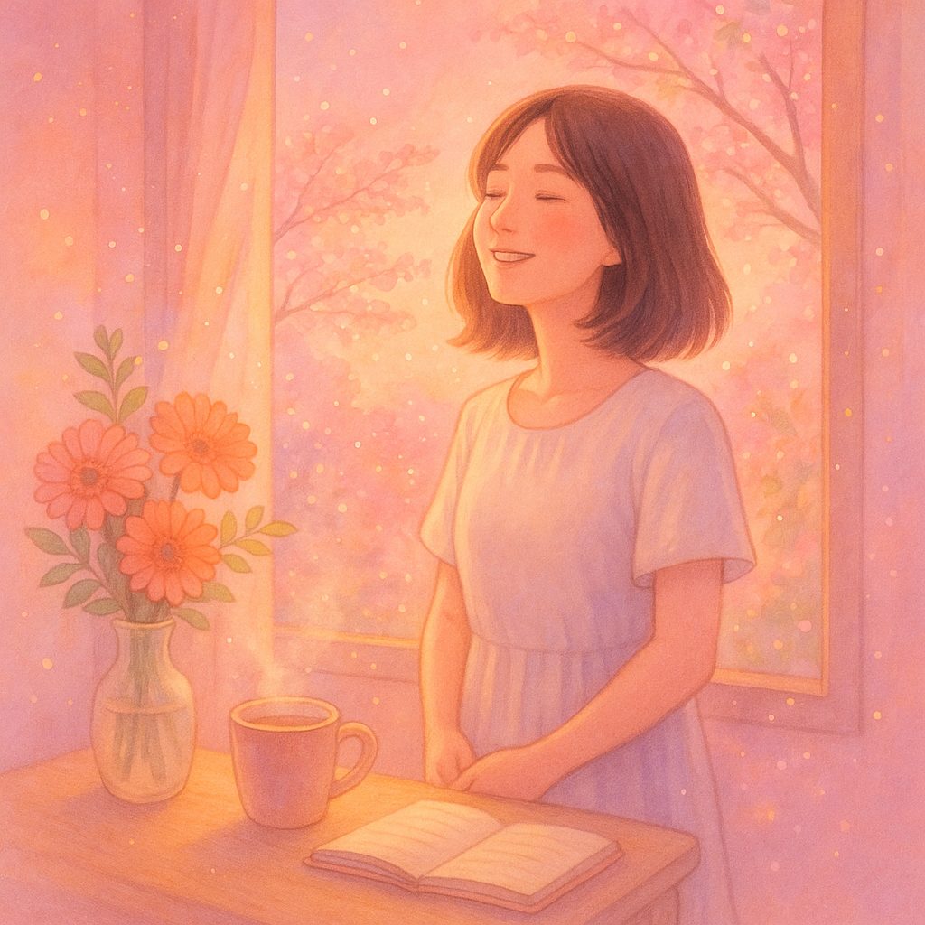 朝の光に包まれてリフレッシュする女性