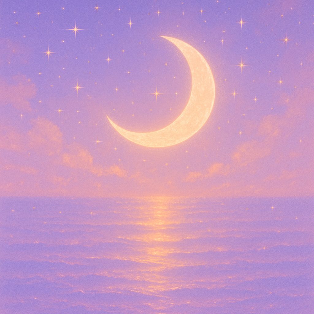 海に浮かぶ三日月と輝く水面